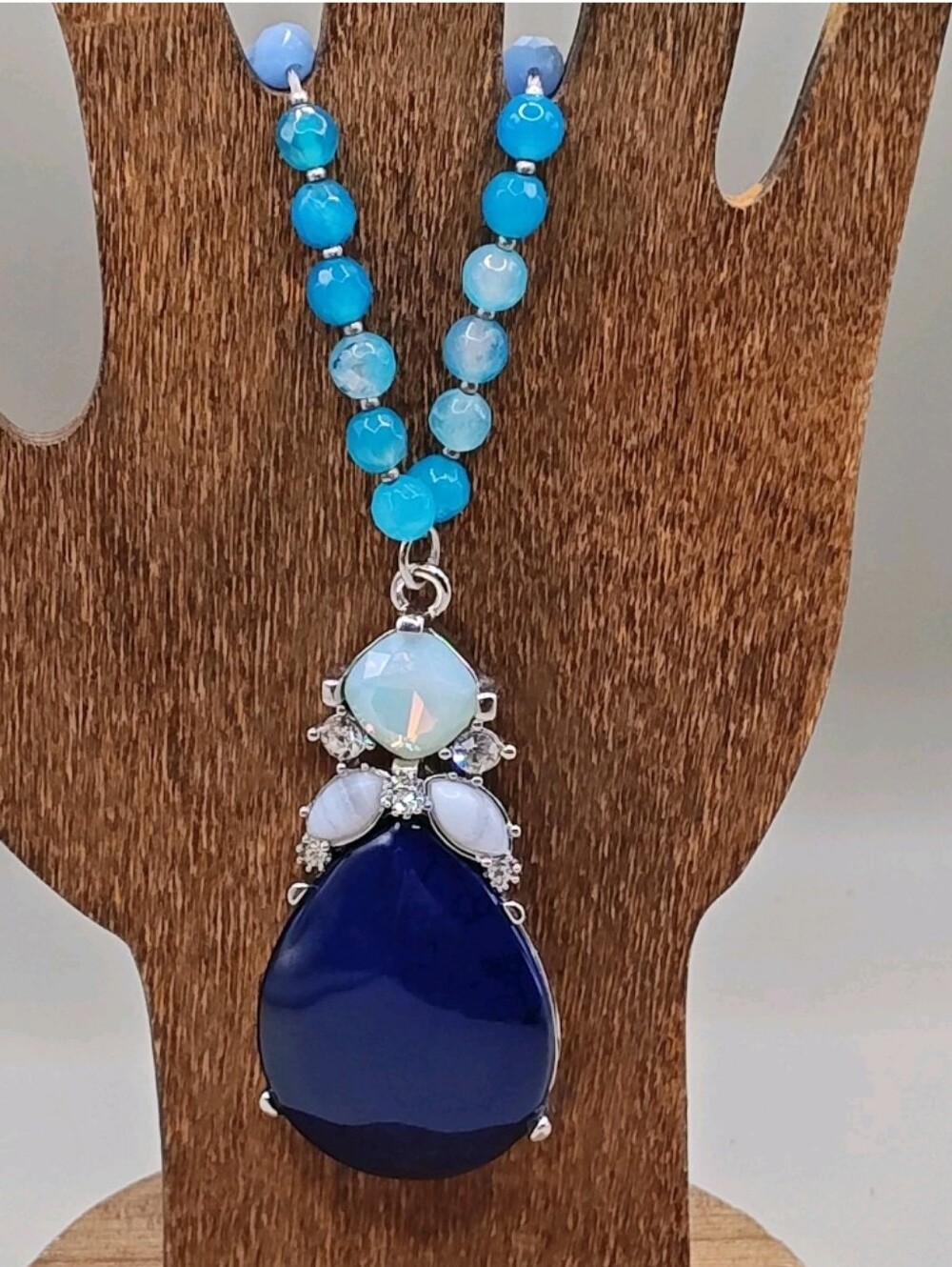 Loft Y2K Teardrop Pendant Necklace Blue Stone Beaded Silver Tone Chain 28" Boho
